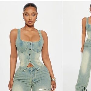 Fashion Nova Faded Green Denim Corset Tank Top